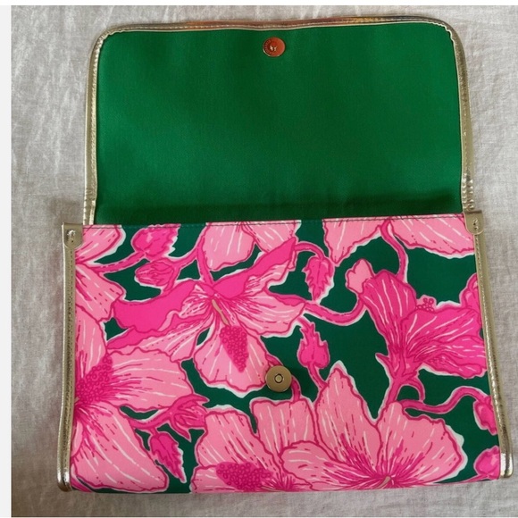 Oversized Lily Pulitzer Lilly Hot Pink Green Hibis Kiss Envelope Pouch Clutch - Picture 6 of 6